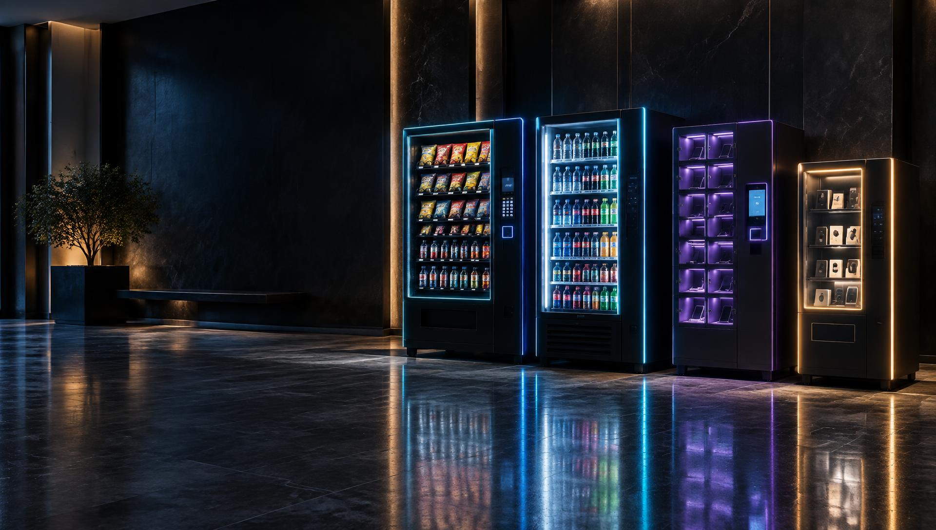 Modern snack, beverage, phone charging and specialty vending kiosks